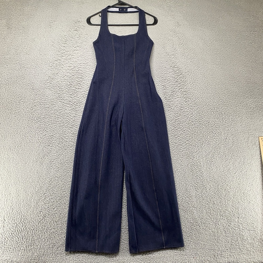 Zara Jumpsuit Womens Medium Blue Denim Sleeveless Wide Leg Square Neck Open Back